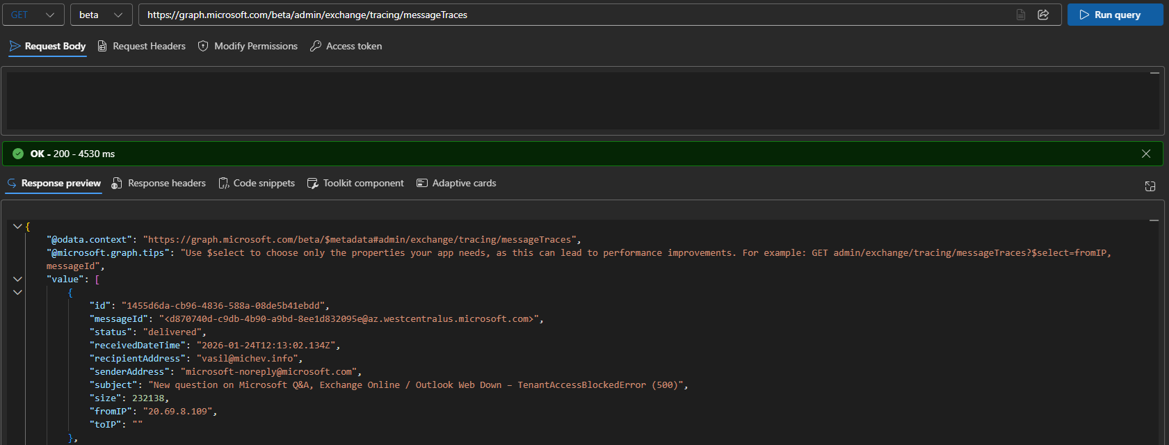 Fetch message trace data via the Graph API
