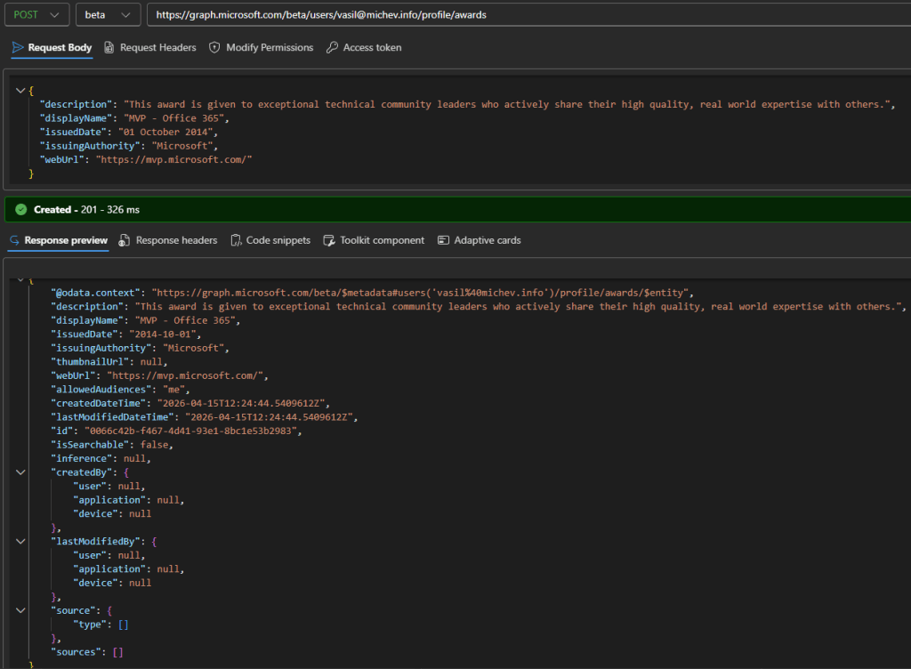 Awards, certifications and working with the /profile Graph API endpoint ...