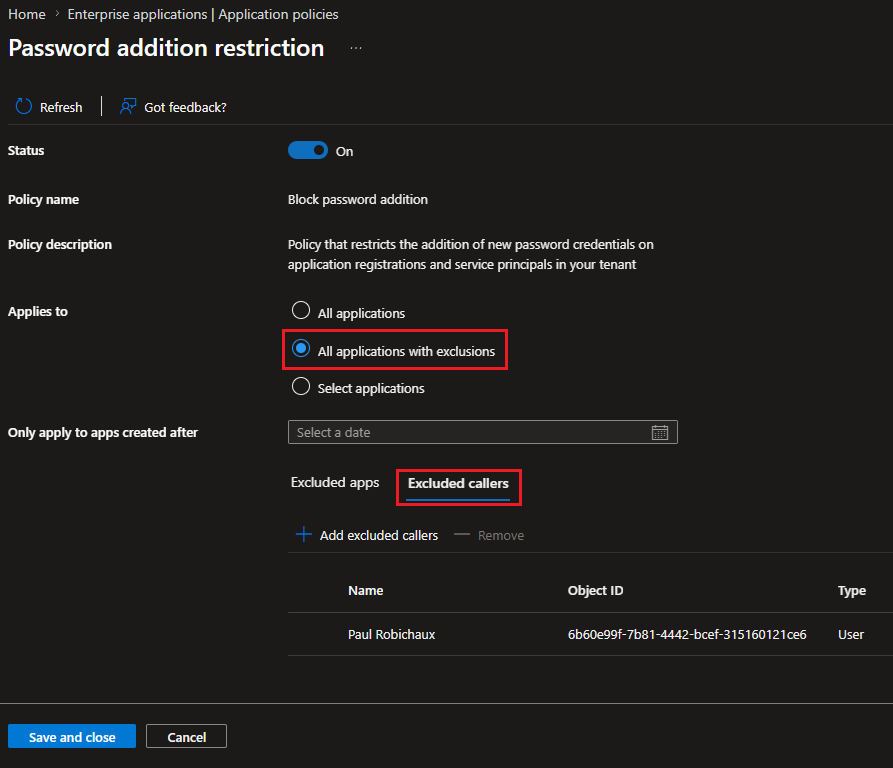 Configure excluded callers for Entra application management policies