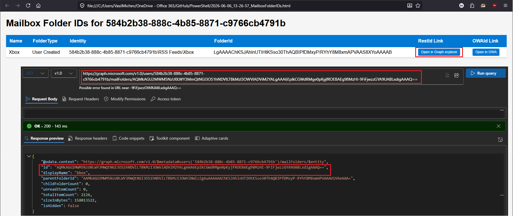 Pretvaranje ID-ova Get-MailboxFolderStatistics za korištenje s Graph API-jem 3 prevedi IDs1
