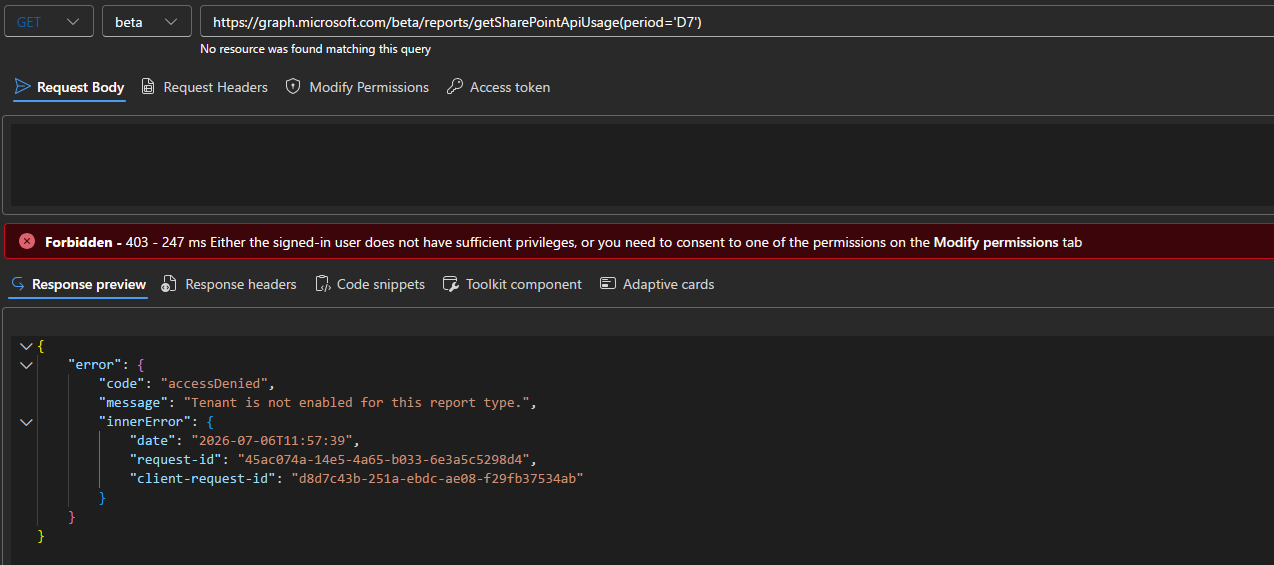 Prvo pogledajte izvješće o korištenju SharePoint API-ja 2 SharePointAPIUsage1