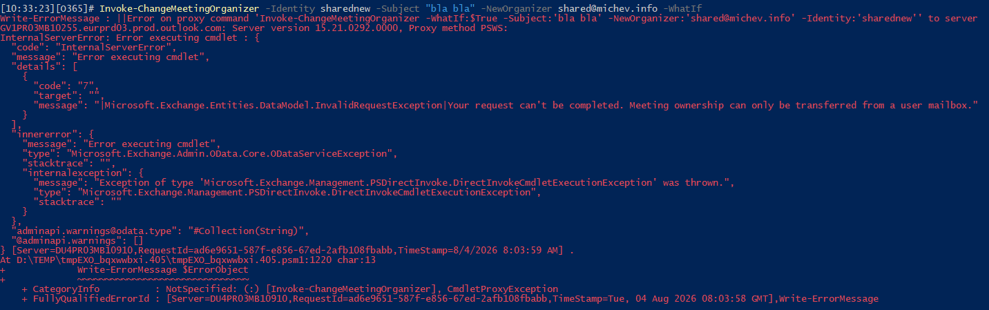 How to use the Invoke-ChangeMeetingOrganizer cmdlet to change the meeting organizer 5 ChangeMeetingOrganizer2